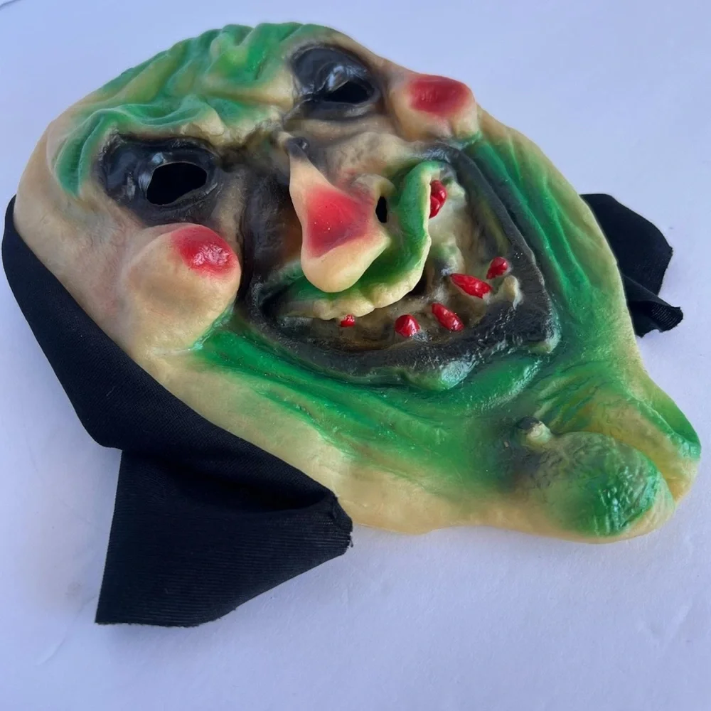 Vintage Halloween Witch Rubber Mask Green/Red Nose and Teeth with Hood